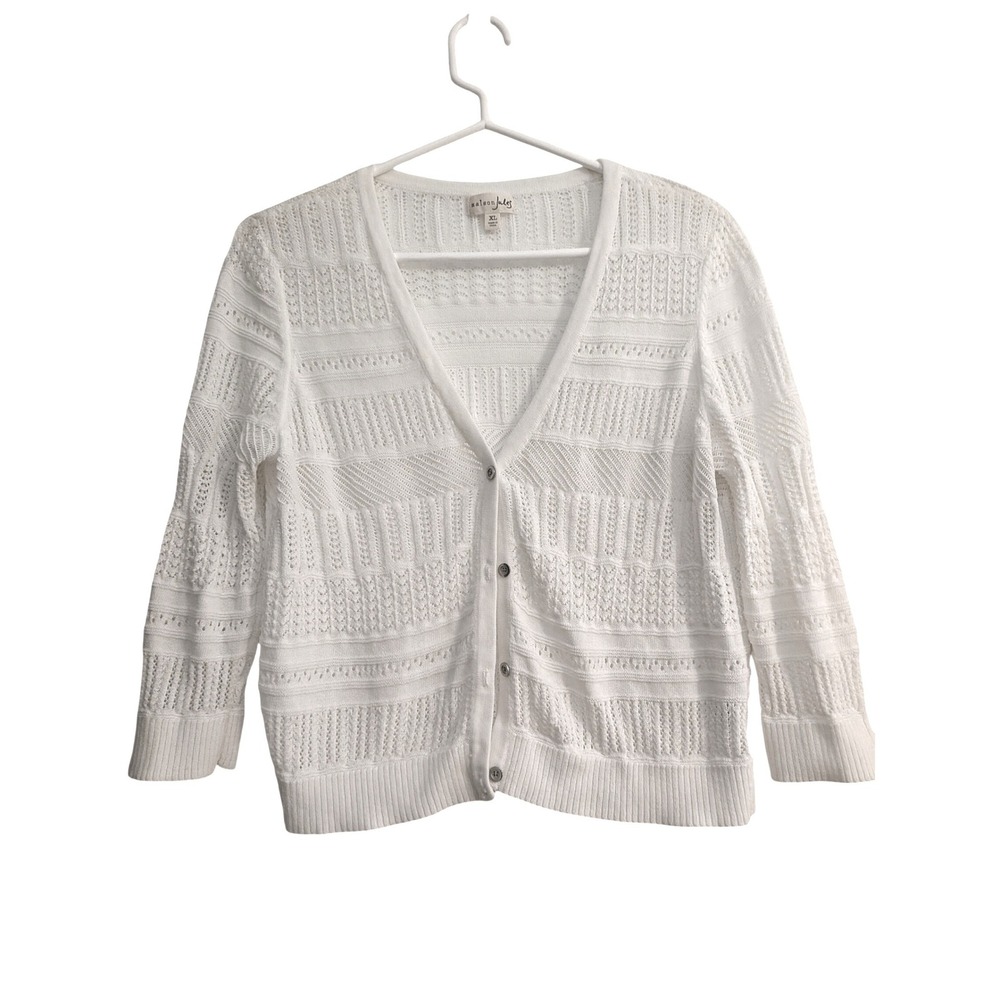 Maison Jules White Pointelle Knit V-Neck Cardigan 3/4 Sleeve Metal Buttons XL